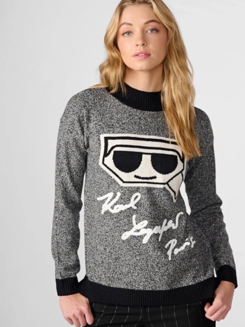 Karl Lagerfeld Paris Cocktail Karl Marled Mock Neck Knit Logo Sweater M